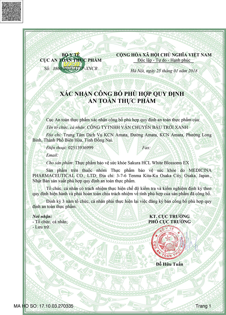 Giấy chứng nhận Viên uống giảm nám chuyên sâu Sakura HCL White Blossoms EX