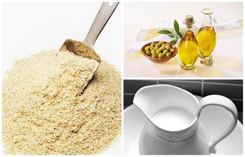 Bột cám gạo + dầu oliu + sữa tươi
