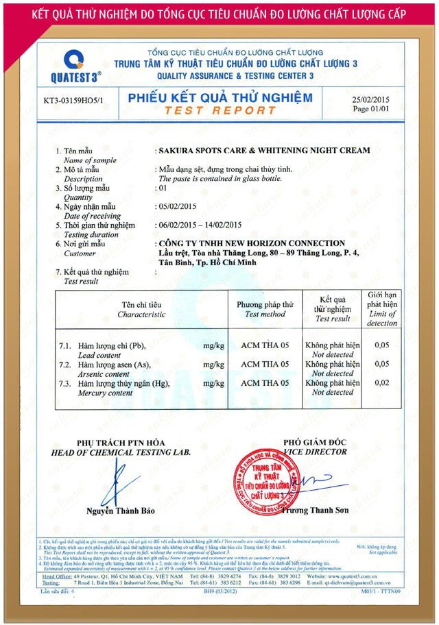 KẾT QUẢ THỬ NGHIỆM DO TỖNG CỤC TIÊU CHUẨN ĐO LƯỜNG CHẤT LƯỢNG CẤP