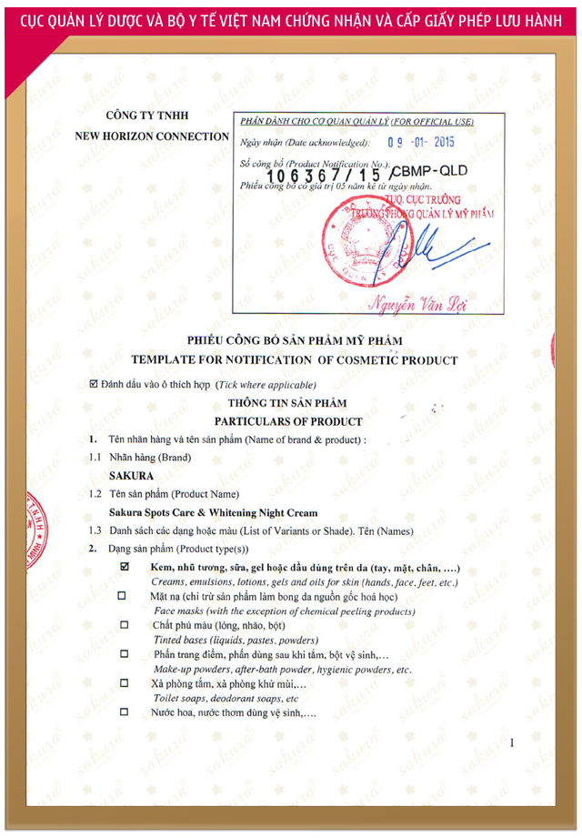 Cục quản lý dược và Bộ y tế Việt Nam chứng nhận và cấp phép lưu hành