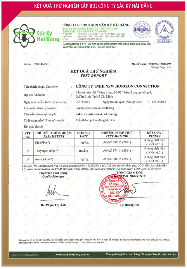 Kết quả thử nghiệm cấp bởi Công ty sắc ký HẢI ĐĂNG