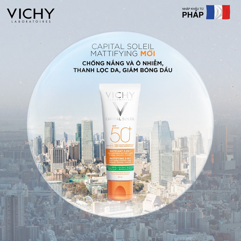 Kem chống nắng, chống ô nhiễm và bụi mịn hàng ngày Vichy Capital Soleil Mattifying 3-in-1 SPF 50 + UVB + UVA
