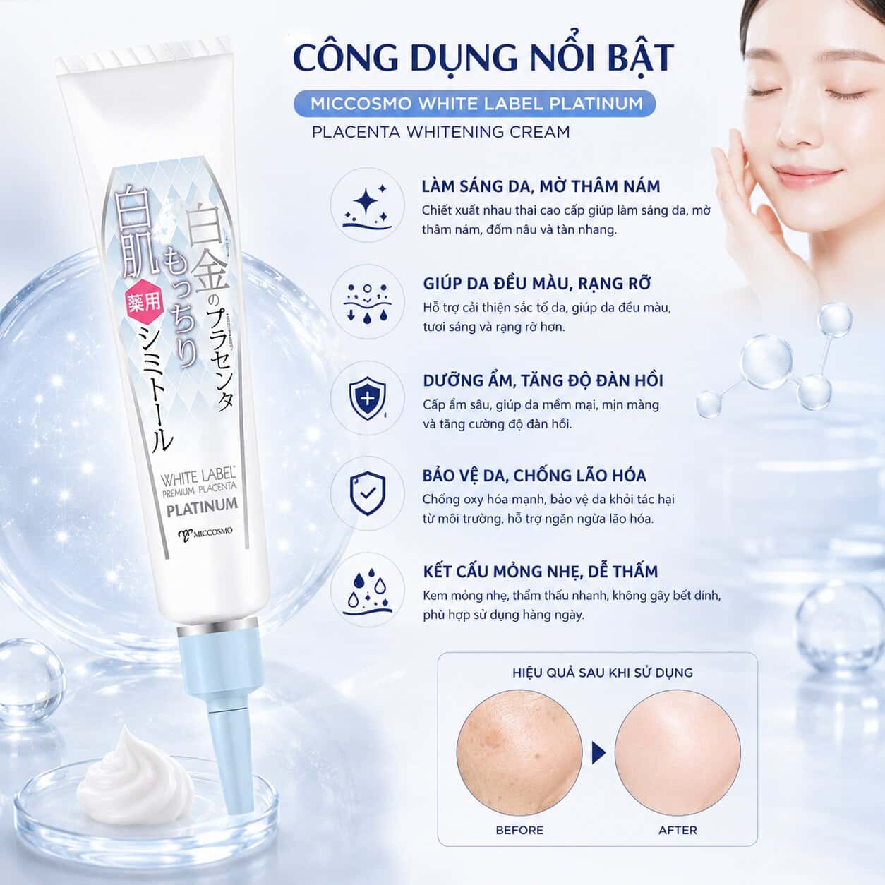 Chất kem mỏng nhẹ của Miccosmo White Label Platinum Placenta dễ dàng thẩm thấu vào vùng da bị nám tàn nhang.